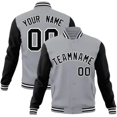 Gray Black-White Raglan Varsity Full-Snap Letterman Jacket