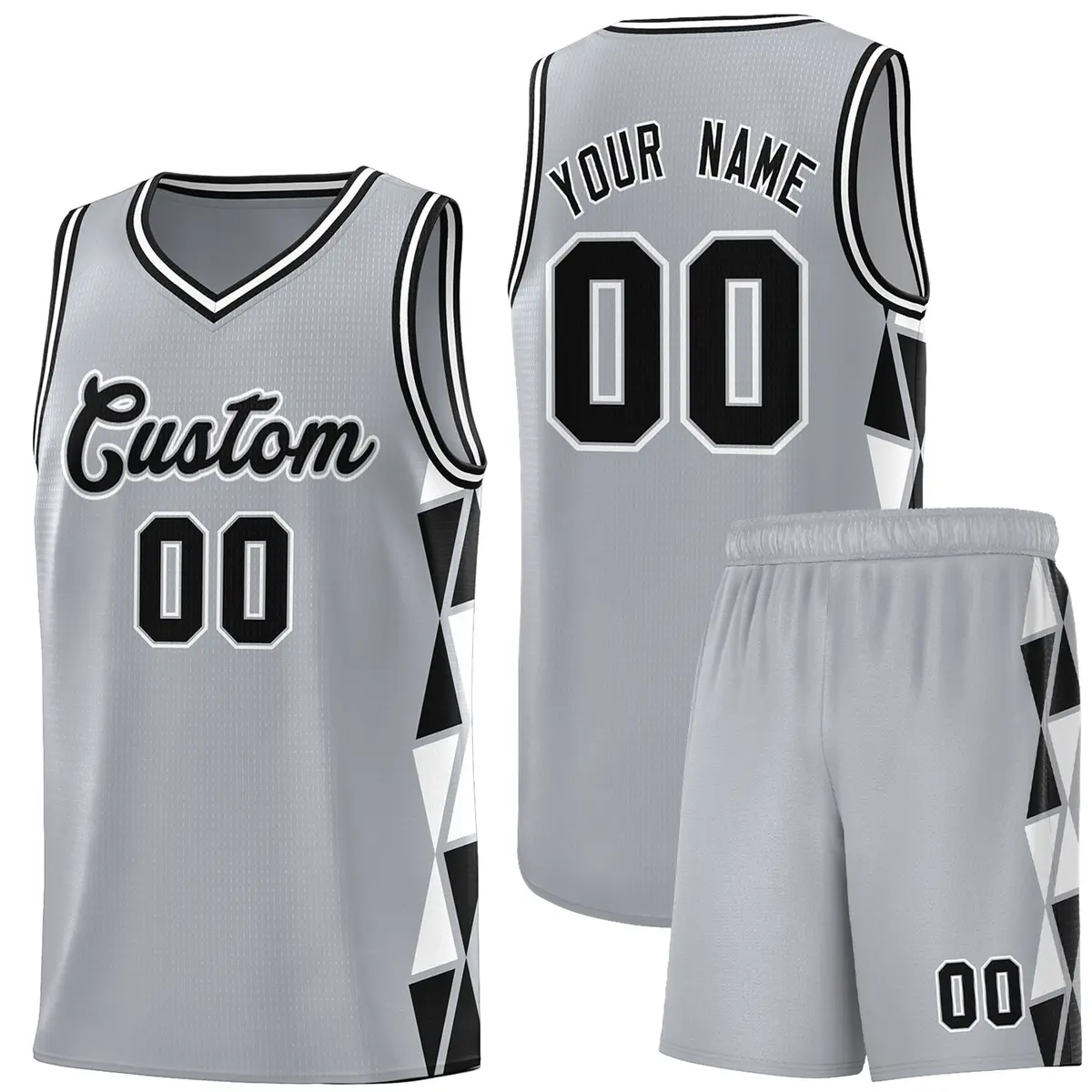 Gray Black-White Side Triangle Splicing Basketball Jersey