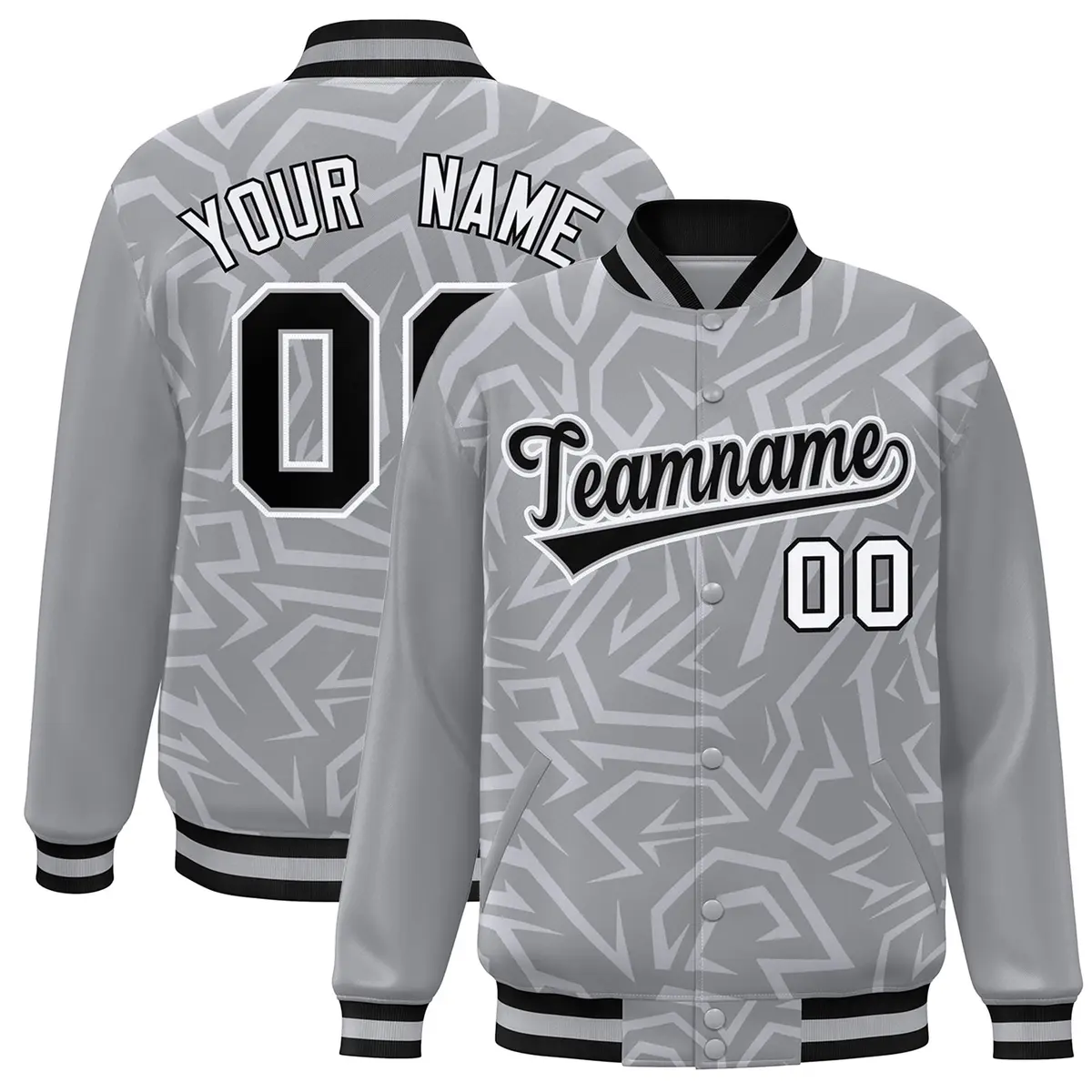 Gray Black-White Stripe Graffiti Pattern Varsity Full-Snap Jacket