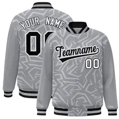 Gray Black-White Stripe Graffiti Pattern Varsity Full-Snap Jacket 1