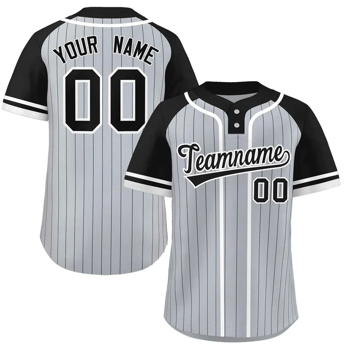 Gray Black-White Stripe Raglan Two-Button Softball Jersey