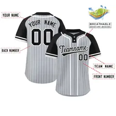 Gray Black-White Stripe Raglan Two-Button Softball Jersey 2