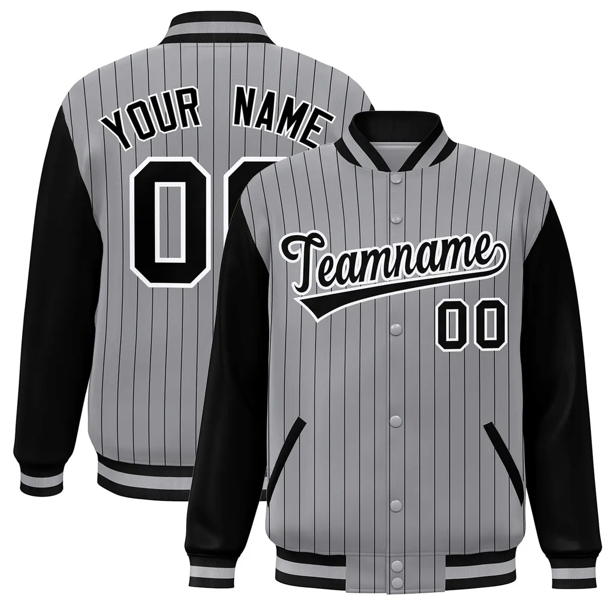Gray Black-White Stripe Varsity Bomber Jacket Raglan Sleeves