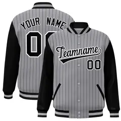 Gray Black-White Stripe Varsity Bomber Jacket Raglan Sleeves