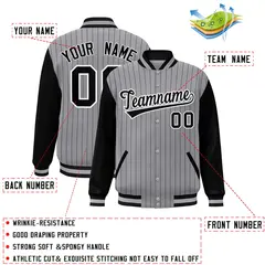 Gray Black-White Stripe Varsity Bomber Jacket Raglan Sleeves 2