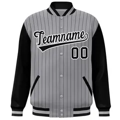 Gray Black-White Stripe Varsity Bomber Jacket Raglan Sleeves 3