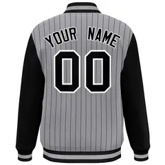 Gray Black-White Stripe Varsity Bomber Jacket Raglan Sleeves 4