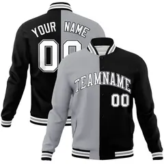 Gray Black-White Two Tone Split Varsity Full-Snap Letterman Jacket