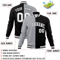 Gray Black-White Two Tone Split Varsity Full-Snap Letterman Jacket 4