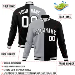 Gray Black-White Two Tone Split Varsity Full-Snap Letterman Jacket 4