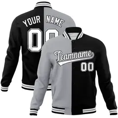 Gray Black-White Two Tone Split Varsity Full-Snap Letterman Jacket