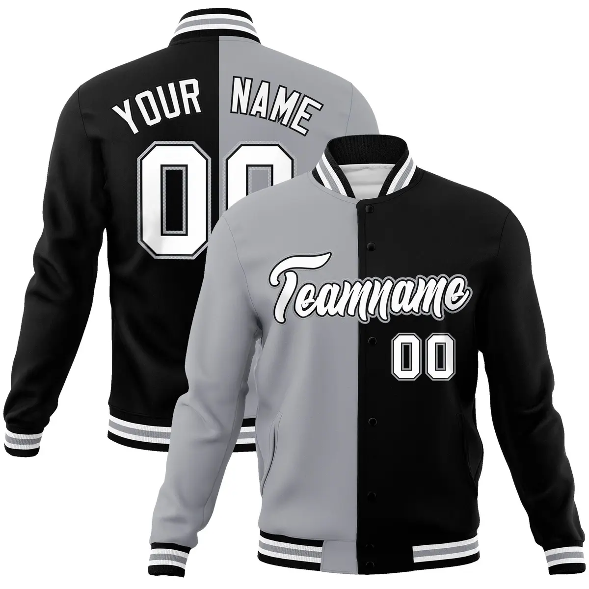 Gray Black-White Two Tone Split Varsity Full-Snap Letterman Jacket