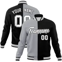 Gray Black-White Two Tone Split Varsity Full-Snap Letterman Jacket