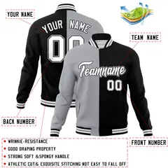 Gray Black-White Two Tone Split Varsity Full-Snap Letterman Jacket 4