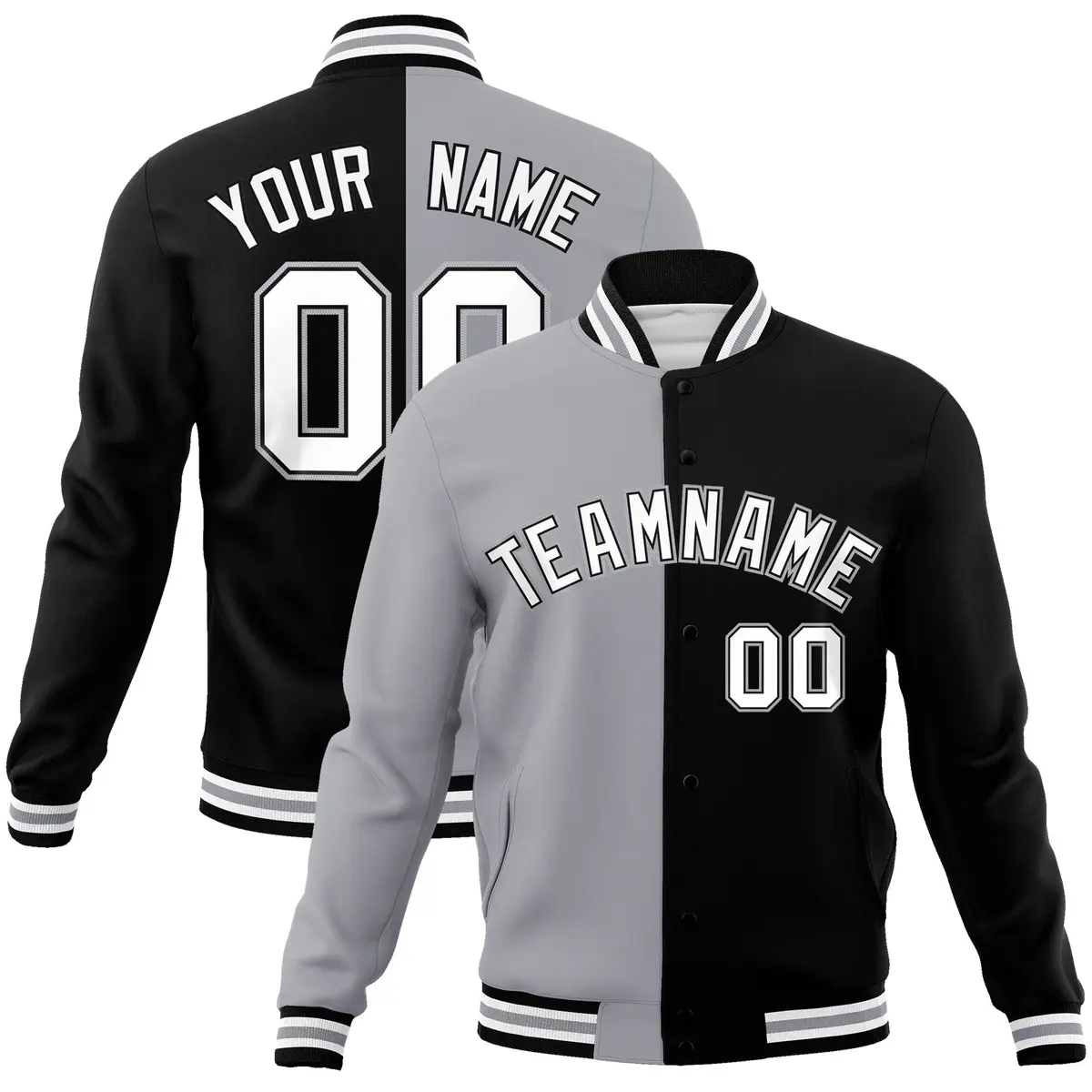 Gray Black-White Two Tone Split Varsity Full-Snap Letterman Jacket