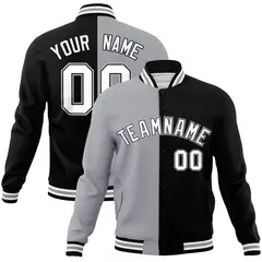 Gray Black-White Two Tone Split Varsity Full-Snap Letterman Jacket