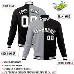 Gray Black-White Two Tone Split Varsity Full-Snap Letterman Jacket 4