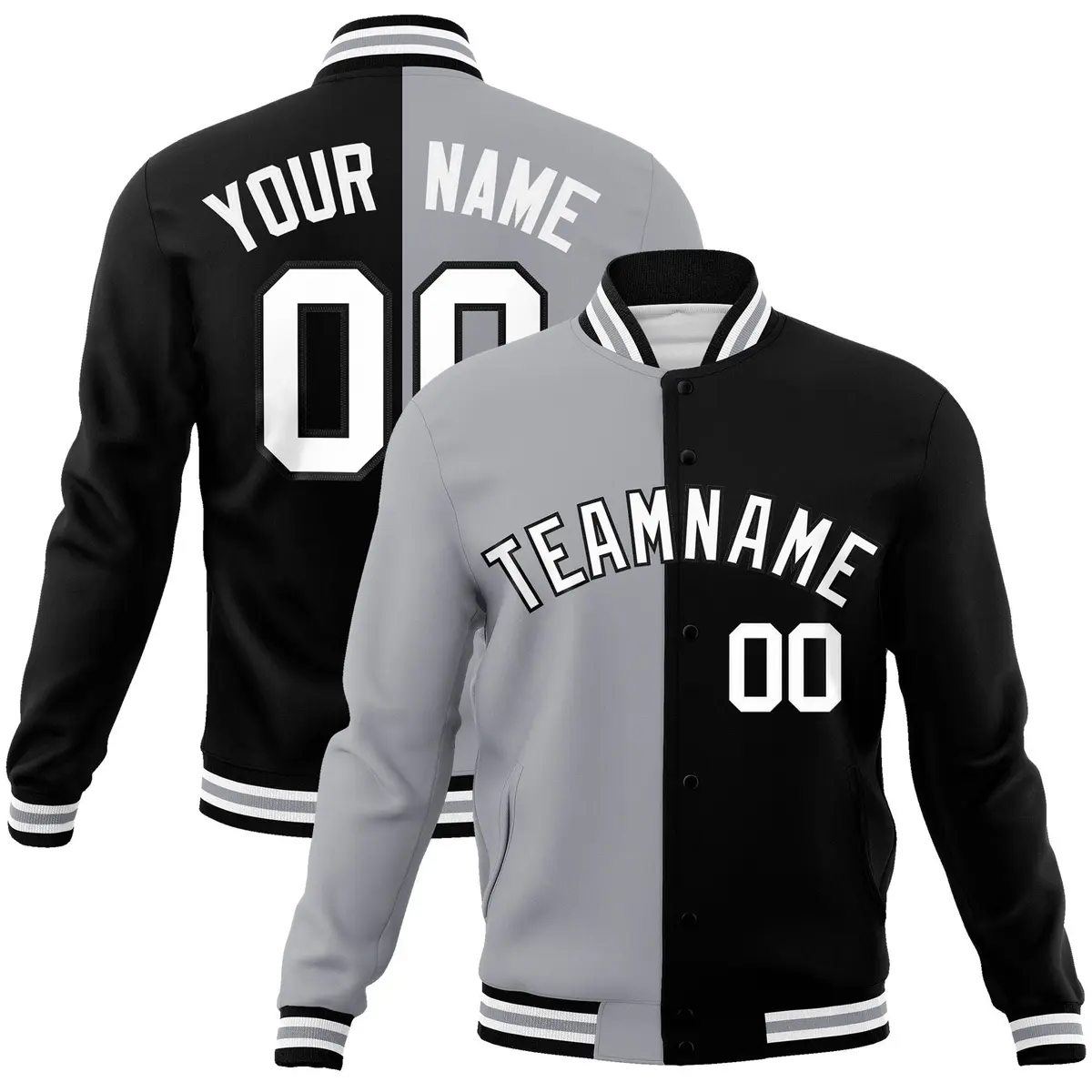 Gray Black-White Two Tone Split Varsity Full-Snap Letterman Jacket