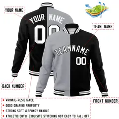 Gray Black-White Two Tone Split Varsity Full-Snap Letterman Jacket 4