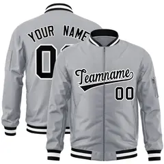 Gray Black-White Varsity Full-Zip Letterman Bomber Jacket