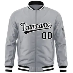 Gray Black-White Varsity Full-Zip Letterman Bomber Jacket 3