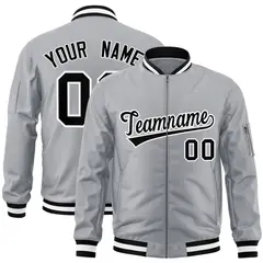 Gray Black-White Varsity Full-Zip Letterman Bomber Jacket 1