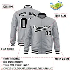 Gray Black-White Varsity Full-Zip Letterman Bomber Jacket 2