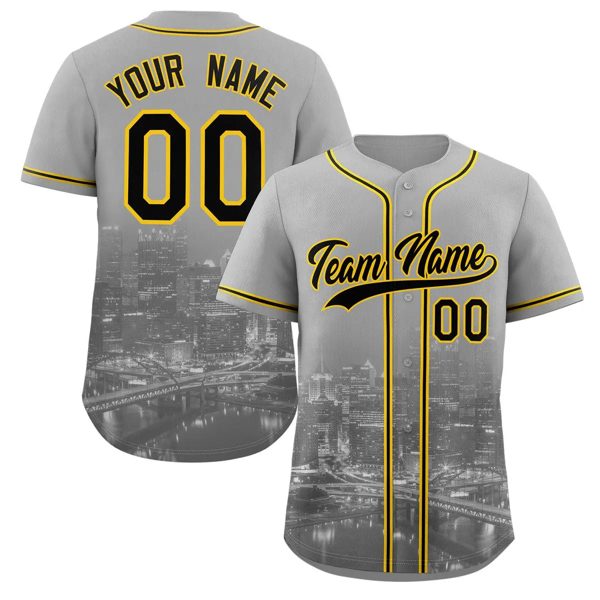 Gray Black-Yellow Pittsburgh City Skyline Baseball Jersey