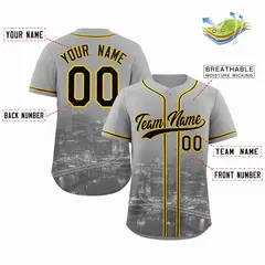 Gray Black-Yellow Pittsburgh City Skyline Baseball Jersey 2