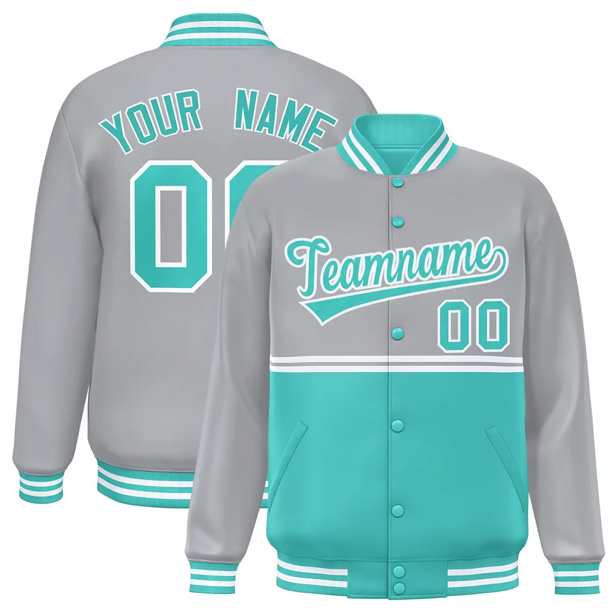 Gray Bright Green Color Block Varsity Full-Snap Letterman Jacket