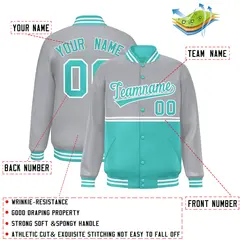 Gray Bright Green Color Block Varsity Full-Snap Letterman Jacket 2