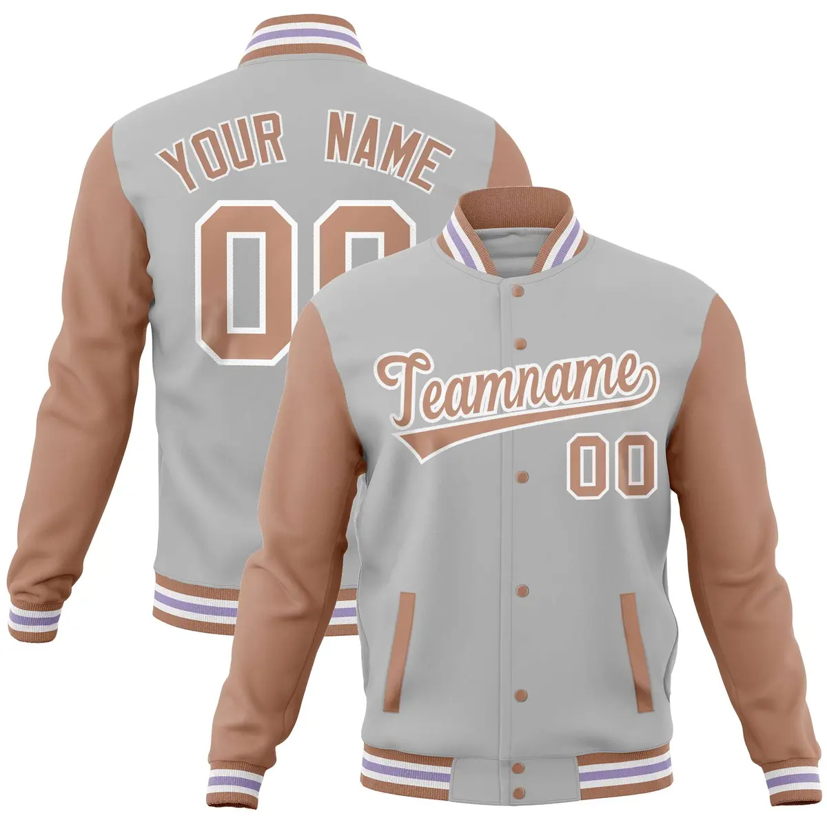 Gray Brown Varsity Letterman Baseball Jacket Full-Snap Raglan Sleeves