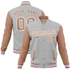 Gray Brown Varsity Letterman Baseball Jacket Full-Snap Raglan Sleeves