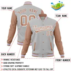 Gray Brown Varsity Letterman Baseball Jacket Full-Snap Raglan Sleeves 4