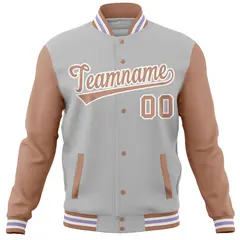 Gray Brown Varsity Letterman Baseball Jacket Full-Snap Raglan Sleeves 5