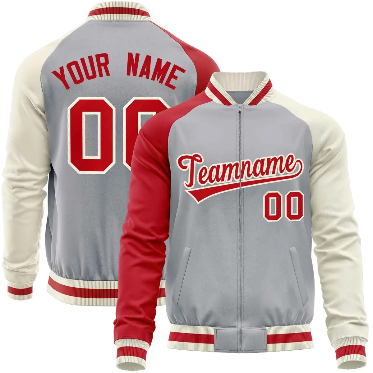 Gray Cream-Red Varsity Full-Zip Raglan Letterman Baseball Jacket