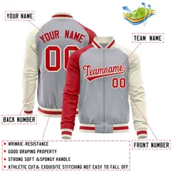 Gray Cream-Red Varsity Full-Zip Raglan Letterman Baseball Jacket 4