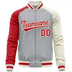 Gray Cream-Red Varsity Full-Zip Raglan Letterman Baseball Jacket 5
