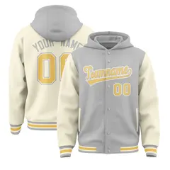 Gray Cream Two Tone Raglan Full-Snap Varsity Letterman Jacket Hoodie