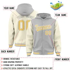 Gray Cream Two Tone Raglan Full-Snap Varsity Letterman Jacket Hoodie 4