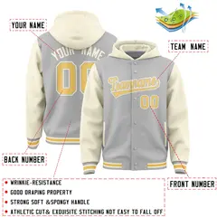 Gray Cream Two Tone Raglan Full-Snap Varsity Letterman Jacket Hoodie 4