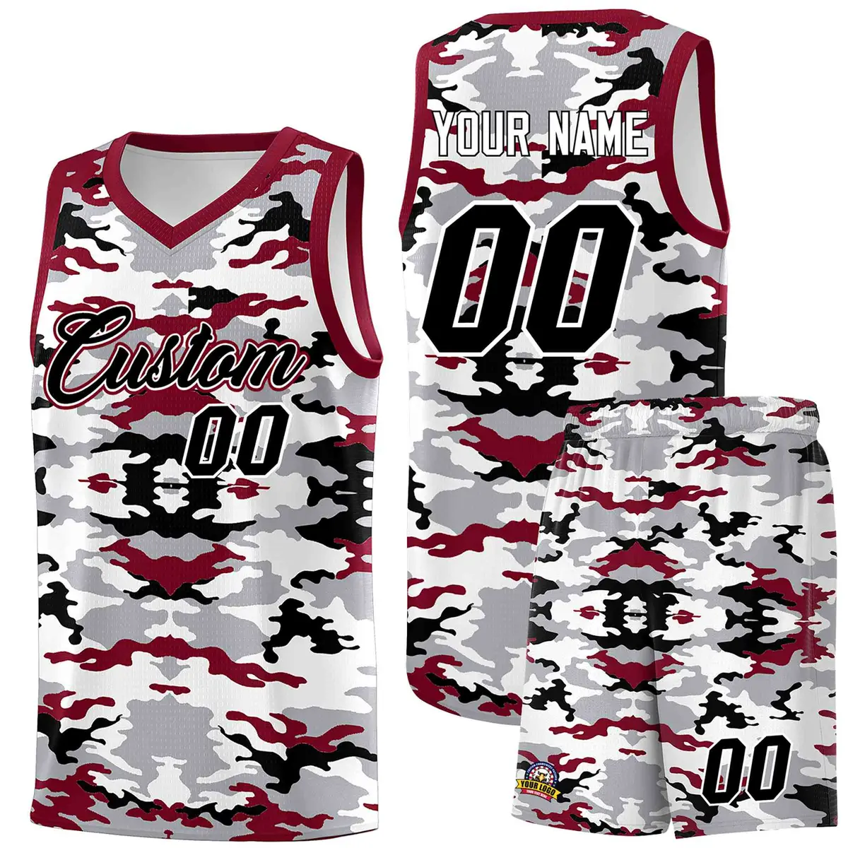 Gray Crimson-Black-White Camo Basketball Jersey