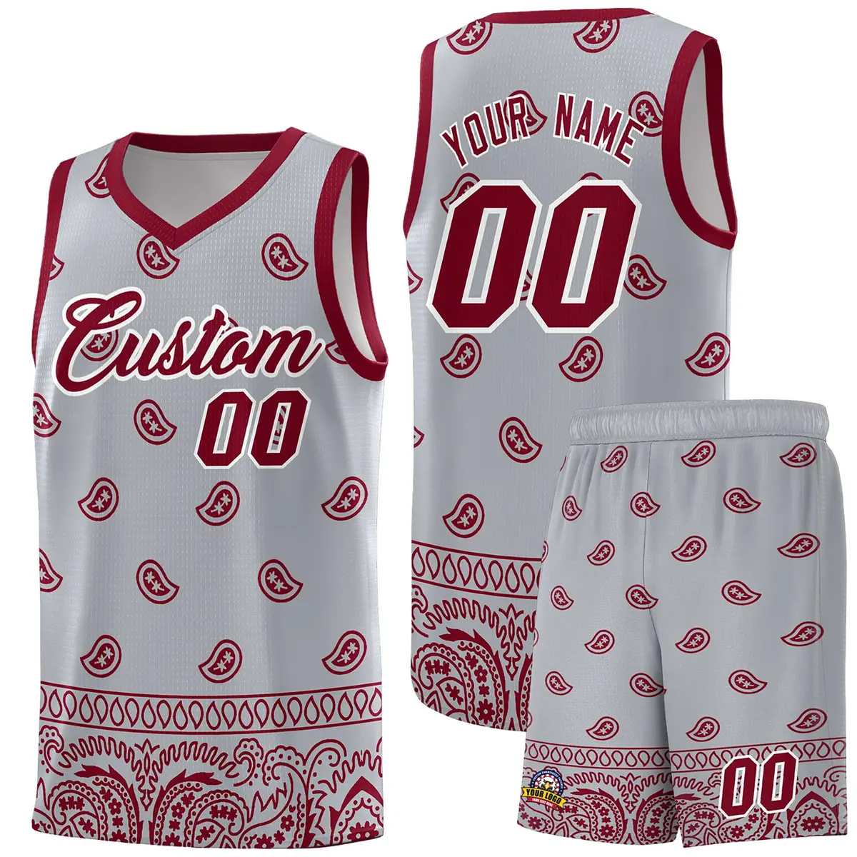 Gray Crimson Cashew Pattern Sports Basketball Jersey