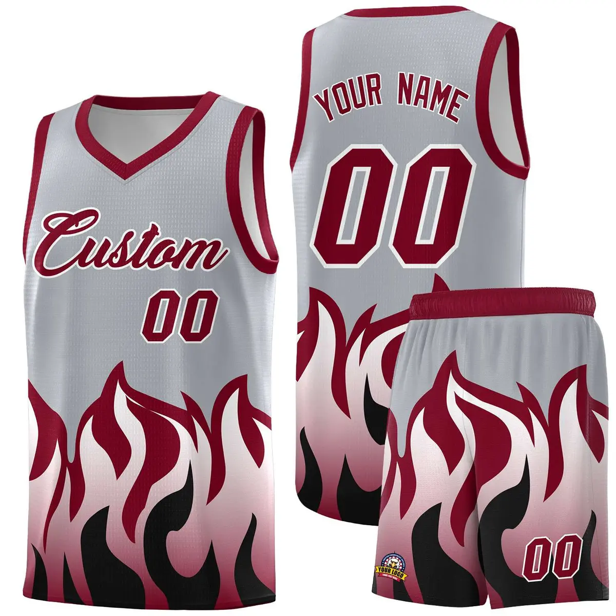 Gray Crimson Flame Hem Fashion Sports Basketball Jersey
