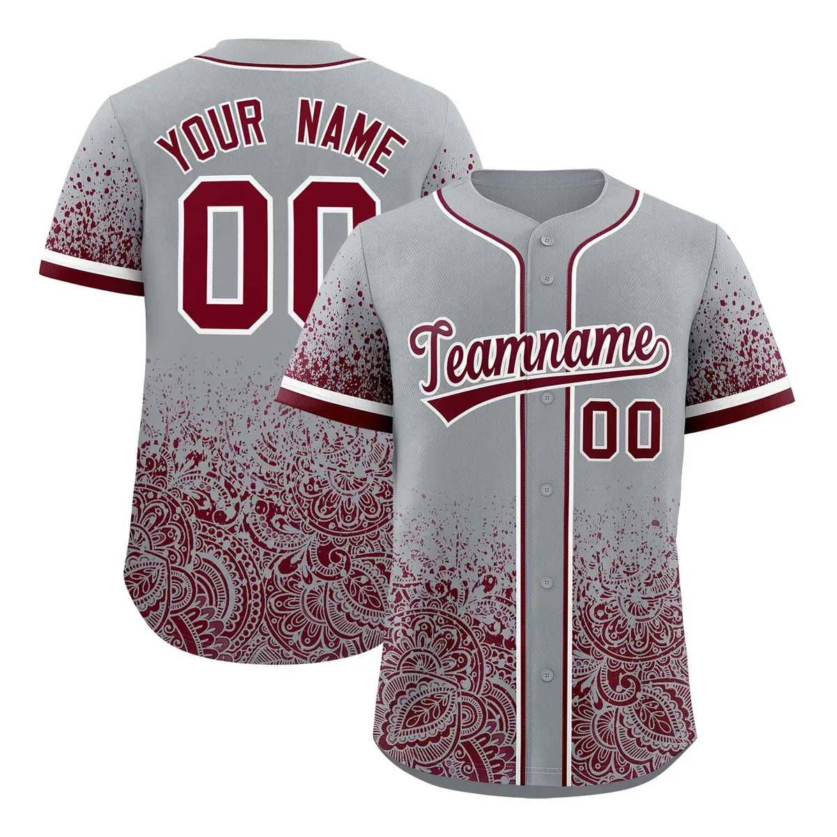Gray Crimson Floral Gradient Full Button Baseball Jersey