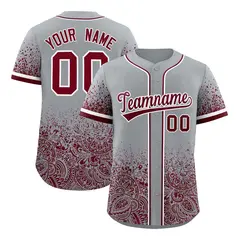 Gray Crimson Floral Gradient Full Button Baseball Jersey 1