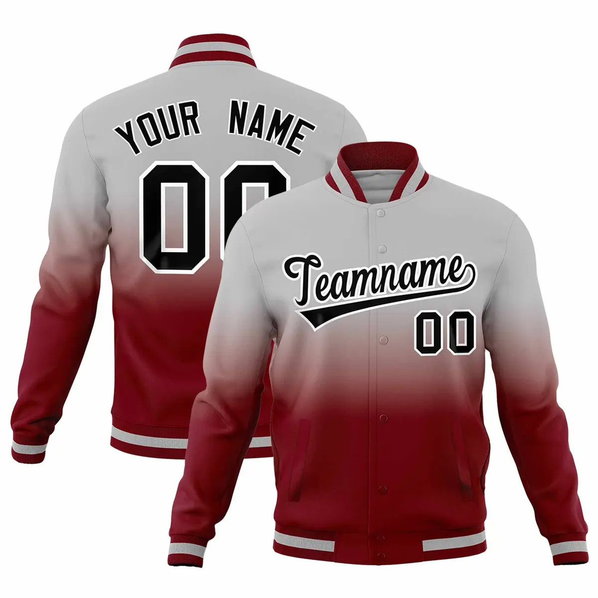 Gray Crimson Gradient Full-Snap Fashion Letterman Jacket