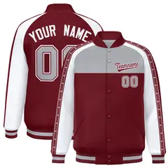 Gray Crimson K-Ribbon Raglan Color Block Full-Snap Letterman Jacket