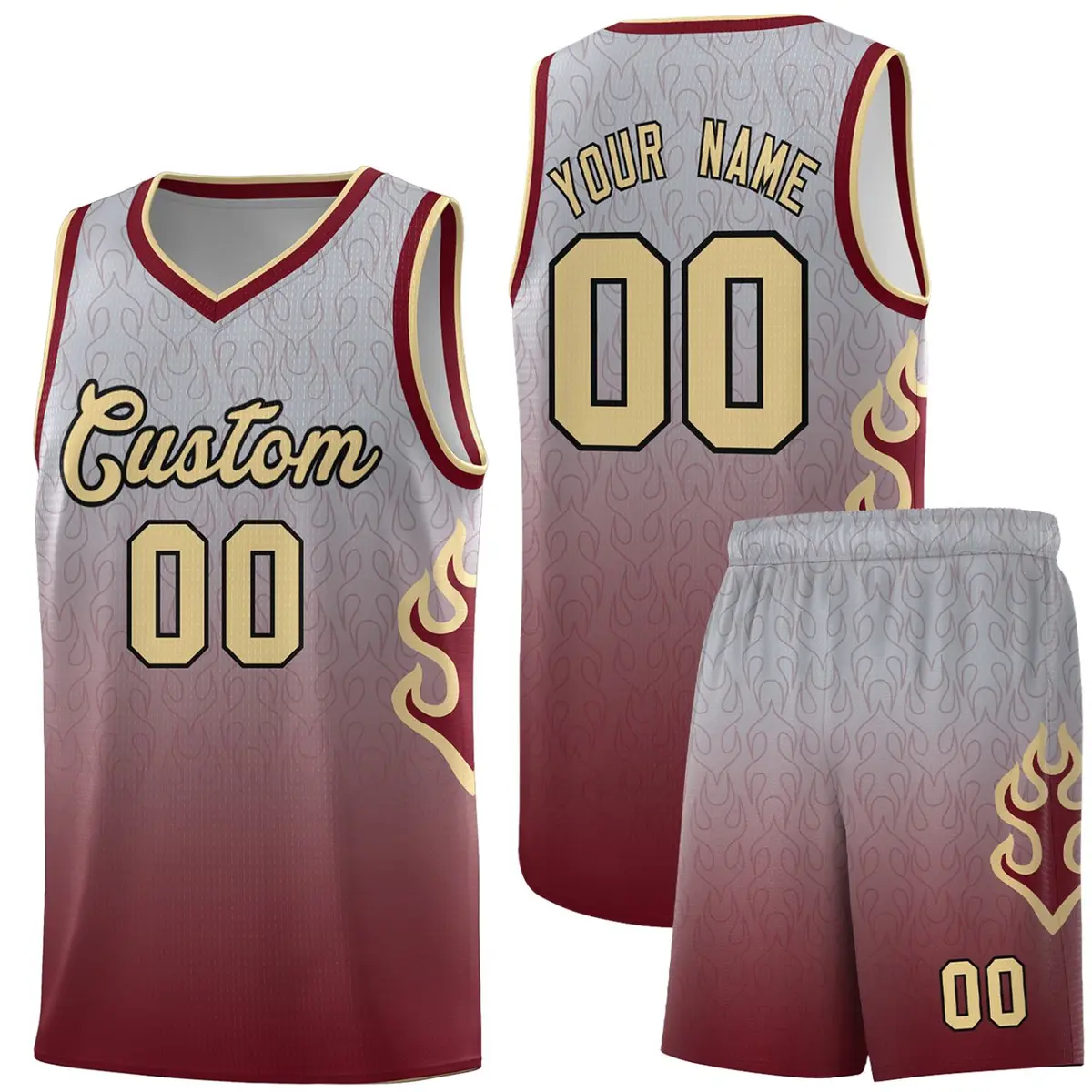 Gray Crimson-Khaki Flame Gradient Basketball Jersey
