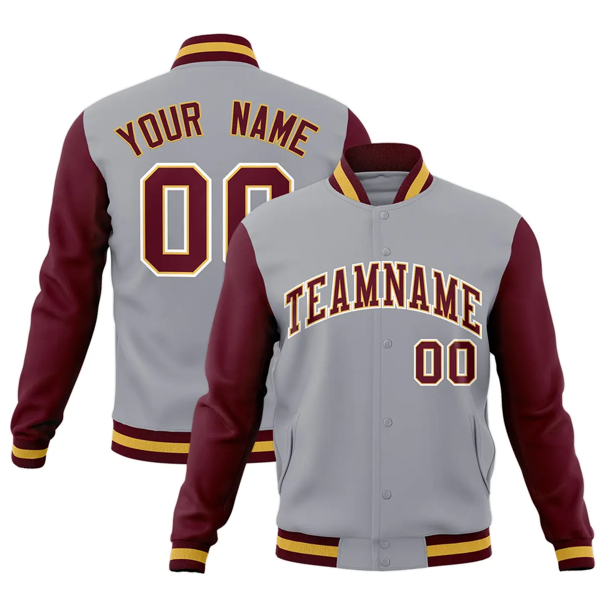 Gray Crimson-Khaki Raglan Varsity Full-Snap Letterman Jacket